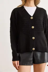 Olalook Women's Black Openwork Detailed V-Neck Knitwear Cardigan - Image 6