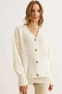 Olalook Women's Ecru Openwork Detailed V-Neck Knitwear Cardigan