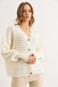 Olalook Women's Ecru Openwork Detailed V-Neck Knitwear Cardigan - Image 2