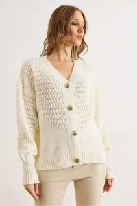 Olalook Women's Ecru Openwork Detailed V-Neck Knitwear Cardigan - Image 3