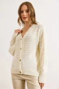 Olalook Women's Ecru Openwork Detailed V-Neck Knitwear Cardigan - Image 4