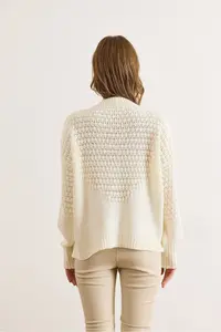Olalook Women's Ecru Openwork Detailed V-Neck Knitwear Cardigan - Image 5