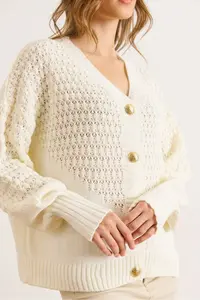 Olalook Women's Ecru Openwork Detailed V-Neck Knitwear Cardigan - Image 6