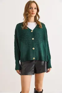 Olalook Women's Emerald Green Openwork Detailed V-Neck Knitwear Cardigan