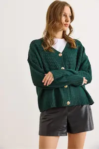 Olalook Women's Emerald Green Openwork Detailed V-Neck Knitwear Cardigan - Image 2