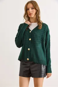 Olalook Women's Emerald Green Openwork Detailed V-Neck Knitwear Cardigan - Image 3