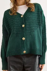 Olalook Women's Emerald Green Openwork Detailed V-Neck Knitwear Cardigan - Image 4