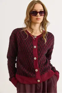 Olalook Women's Claret Red Tiny Baklava Crew Neck Soft Textured Knitwear Cardigan