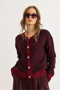 Olalook Women's Claret Red Tiny Baklava Crew Neck Soft Textured Knitwear Cardigan - Image 2