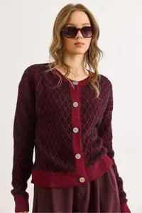 Olalook Women's Claret Red Tiny Baklava Crew Neck Soft Textured Knitwear Cardigan - Image 3