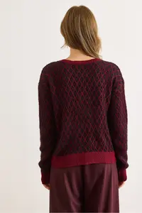 Olalook Women's Claret Red Tiny Baklava Crew Neck Soft Textured Knitwear Cardigan - Image 4