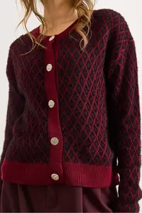 Olalook Women's Claret Red Tiny Baklava Crew Neck Soft Textured Knitwear Cardigan - Image 5