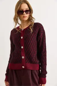 Olalook Women's Claret Red Tiny Baklava Crew Neck Soft Textured Knitwear Cardigan - Image 6