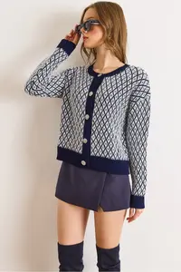 Olalook Women's Navy Blue Little Baklava Crew Neck Soft Textured Knitwear Cardigan