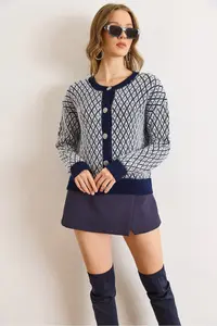 Olalook Women's Navy Blue Little Baklava Crew Neck Soft Textured Knitwear Cardigan - Image 2