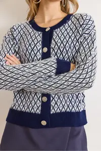 Olalook Women's Navy Blue Little Baklava Crew Neck Soft Textured Knitwear Cardigan - Image 4