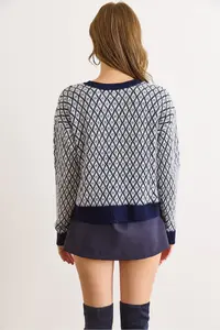 Olalook Women's Navy Blue Little Baklava Crew Neck Soft Textured Knitwear Cardigan - Image 5