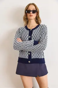 Olalook Women's Navy Blue Little Baklava Crew Neck Soft Textured Knitwear Cardigan - Image 6