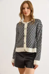Olalook Women's White Tiny Baklava Crew Neck Soft Textured Knitwear Cardigan - Image 4