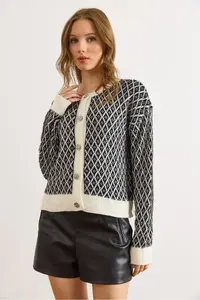 Olalook Women's White Tiny Baklava Crew Neck Soft Textured Knitwear Cardigan - Image 5