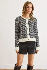 Olalook Women's White Tiny Baklava Crew Neck Soft Textured Knitwear Cardigan - Image 6