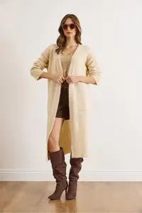 Olalook Women's Ecru Pocket Soft Textured Midi Knitwear Cardigan - Image 2