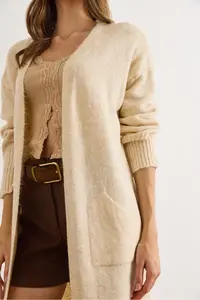 Olalook Women's Ecru Pocket Soft Textured Midi Knitwear Cardigan - Image 4