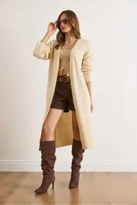 Olalook Women's Ecru Pocket Soft Textured Midi Knitwear Cardigan - Image 6