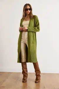Olalook Women's Oil Green Pocketed Soft Textured Midi Knitwear Cardigan - Image 2