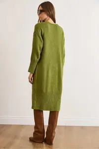 Olalook Women's Oil Green Pocketed Soft Textured Midi Knitwear Cardigan - Image 3