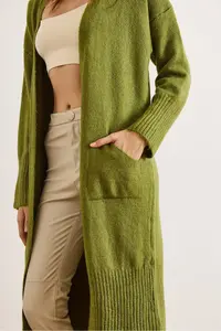 Olalook Women's Oil Green Pocketed Soft Textured Midi Knitwear Cardigan - Image 4