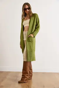 Olalook Women's Oil Green Pocketed Soft Textured Midi Knitwear Cardigan - Image 5