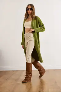 Olalook Women's Oil Green Pocketed Soft Textured Midi Knitwear Cardigan - Image 6