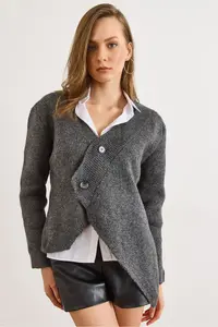 Olalook Women's Anthracite V-Neck Skirt Asymmetrical Knitwear Cardigan