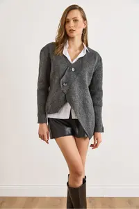 Olalook Women's Anthracite V-Neck Skirt Asymmetrical Knitwear Cardigan - Image 2