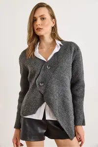 Olalook Women's Anthracite V-Neck Skirt Asymmetrical Knitwear Cardigan - Image 3