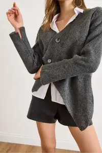 Olalook Women's Anthracite V-Neck Skirt Asymmetrical Knitwear Cardigan - Image 5