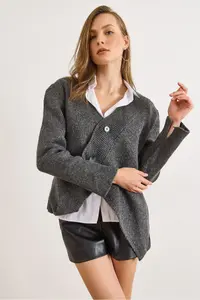 Olalook Women's Anthracite V-Neck Skirt Asymmetrical Knitwear Cardigan - Image 6