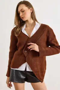 Olalook Women's Bitter Brown V-Neck Skirt Asymmetrical Knitwear Cardigan