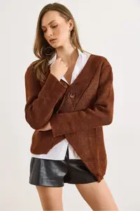 Olalook Women's Bitter Brown V-Neck Skirt Asymmetrical Knitwear Cardigan - Image 2