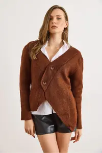 Olalook Women's Bitter Brown V-Neck Skirt Asymmetrical Knitwear Cardigan - Image 3