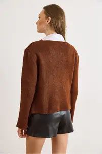 Olalook Women's Bitter Brown V-Neck Skirt Asymmetrical Knitwear Cardigan - Image 4