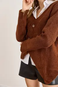 Olalook Women's Bitter Brown V-Neck Skirt Asymmetrical Knitwear Cardigan - Image 5