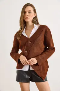 Olalook Women's Bitter Brown V-Neck Skirt Asymmetrical Knitwear Cardigan - Image 6