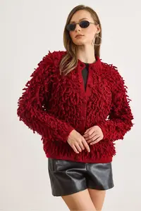 Olalook Women's Burgundy Coated Buttoned Tassel Knitwear Cardigan - Image 2