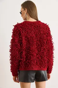 Olalook Women's Burgundy Coated Buttoned Tassel Knitwear Cardigan - Image 3