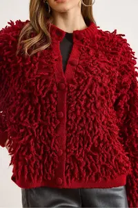 Olalook Women's Burgundy Coated Buttoned Tassel Knitwear Cardigan - Image 4