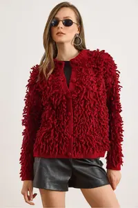 Olalook Women's Burgundy Coated Buttoned Tassel Knitwear Cardigan - Image 5