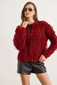 Olalook Women's Burgundy Coated Buttoned Tassel Knitwear Cardigan - Image 6