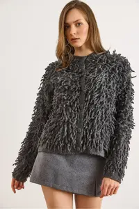 Olalook Women's Smoked Coated Buttoned Tassel Knitwear Cardigan